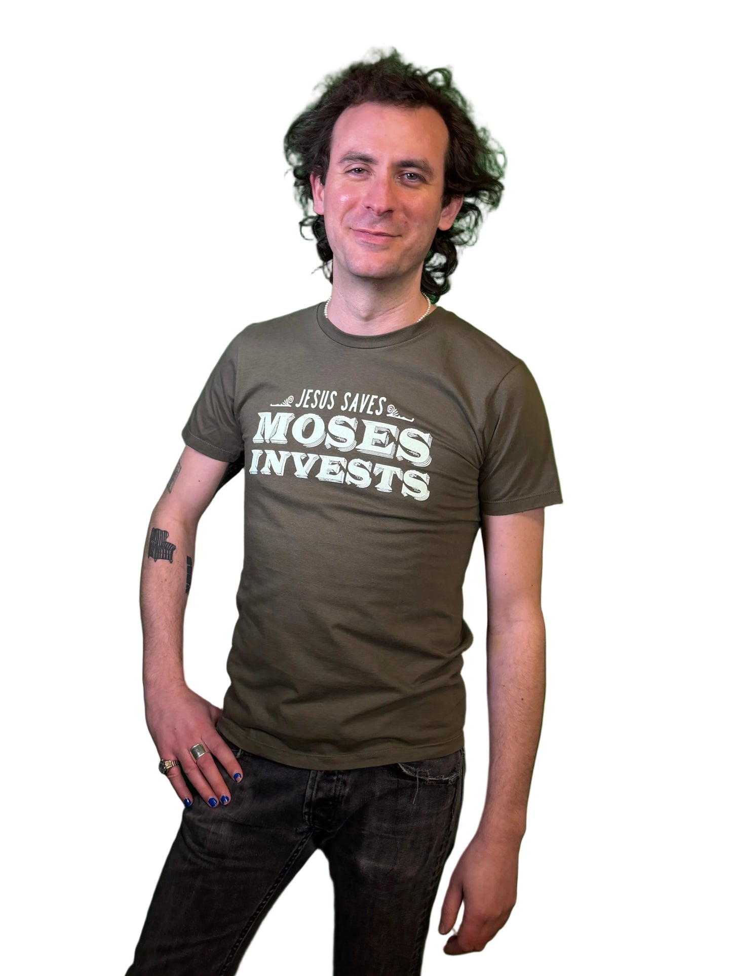 Jesus Saves, Moses Invests T-Shirt in Green