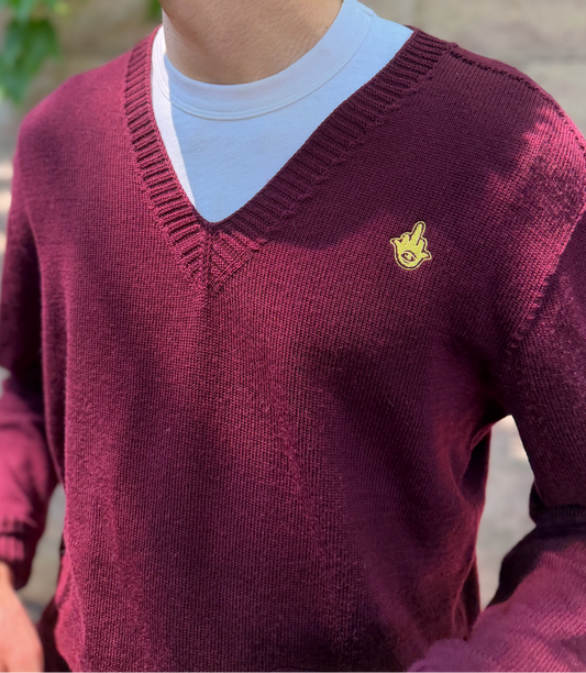 V Neck Hamsa Sweater in Borscht